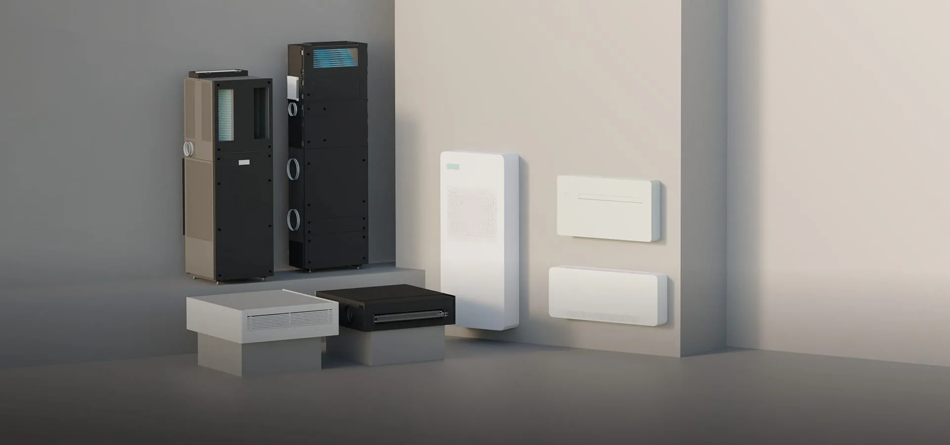 The AIO product lineup — floor-standing, wall-mounted and low-profile units in a room
