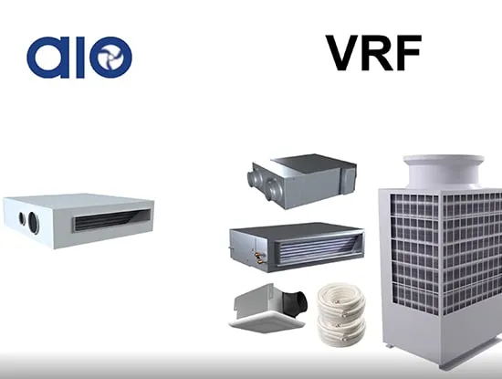 The single AIO unit under the AIO logo, set against the ducted indoor units, refrigerant lines and rooftop condenser a VRF system needs