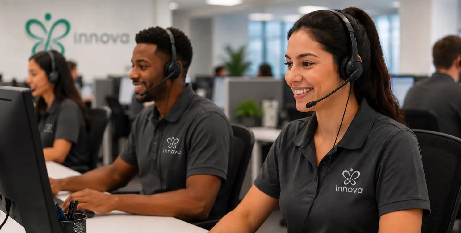 The INNOVA support team on headsets in the office