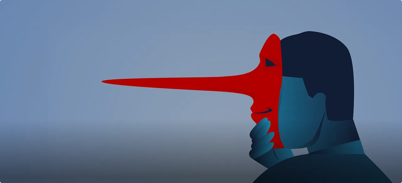 An illustrated figure in profile with a long red Pinocchio nose, hand resting on the chin