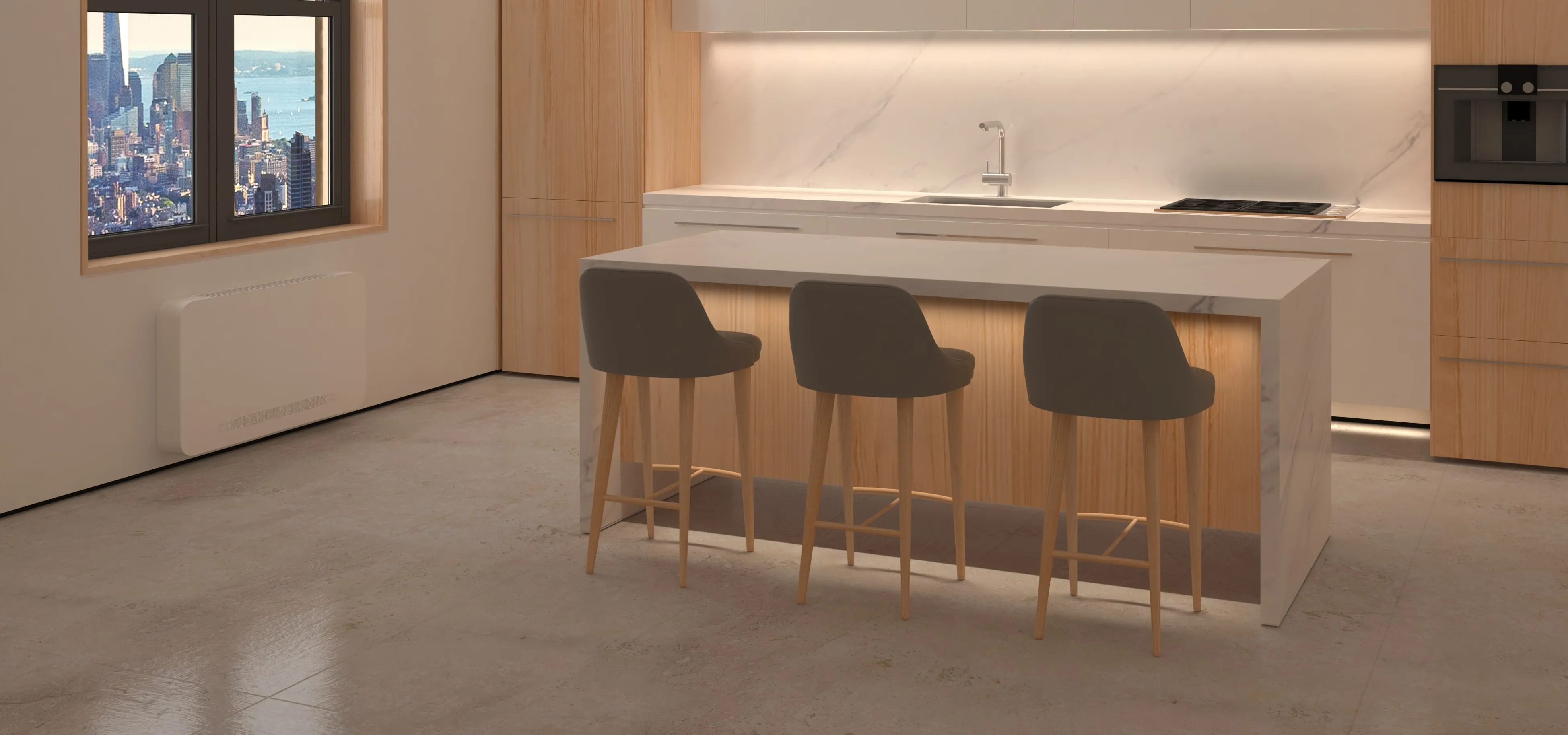 Kitchen island with a LOOP console under the window