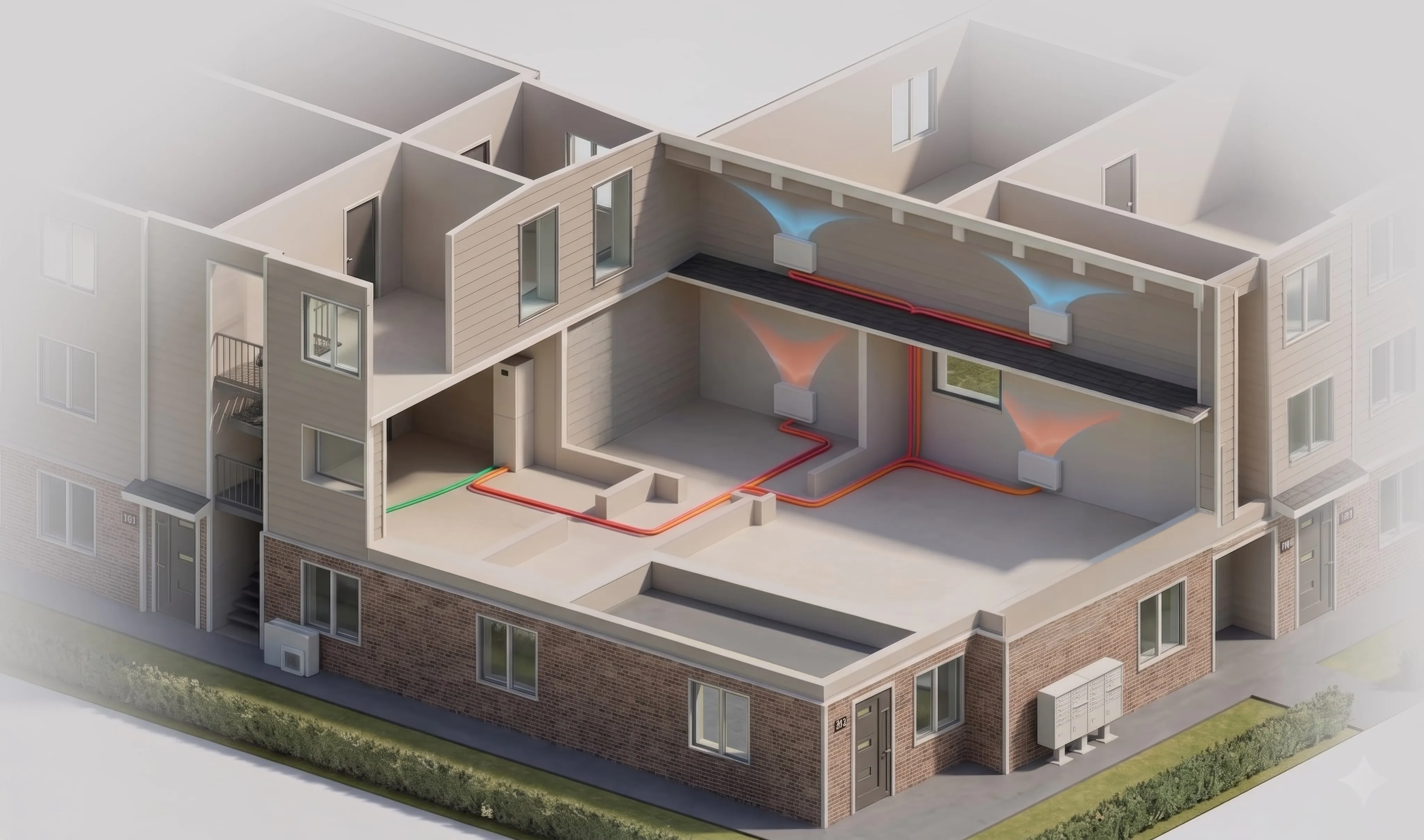 Cutaway of a building heated and cooled by a STØNE system