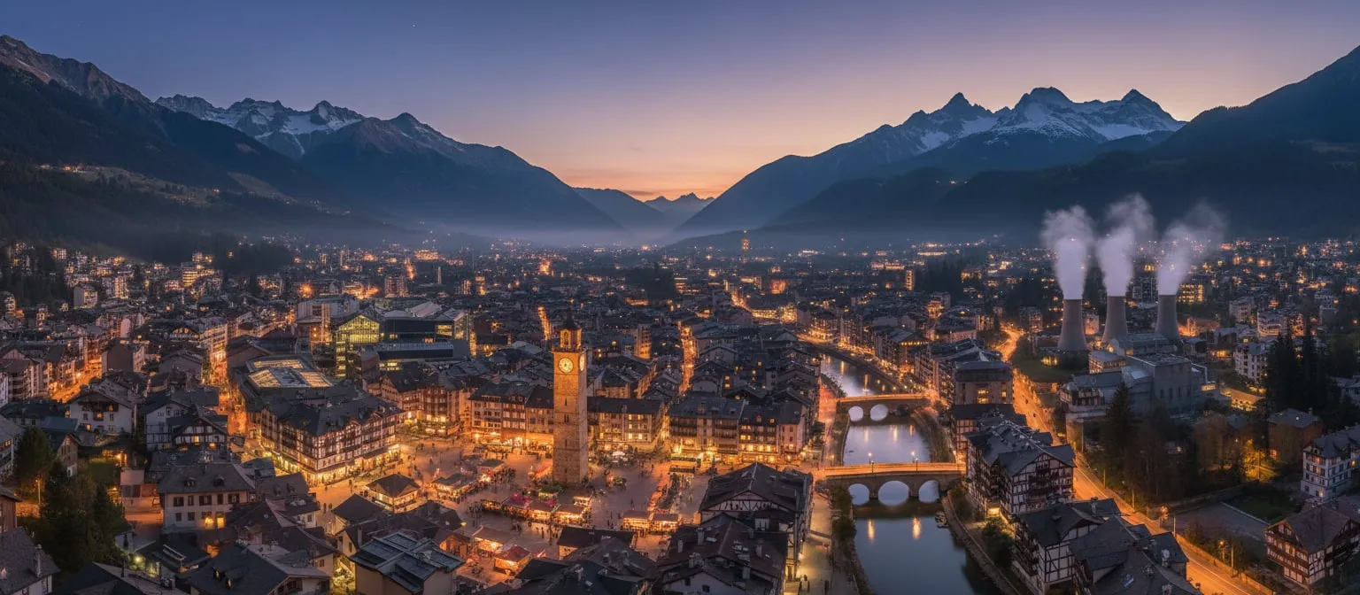 Tione di Trento at dusk under the Alps