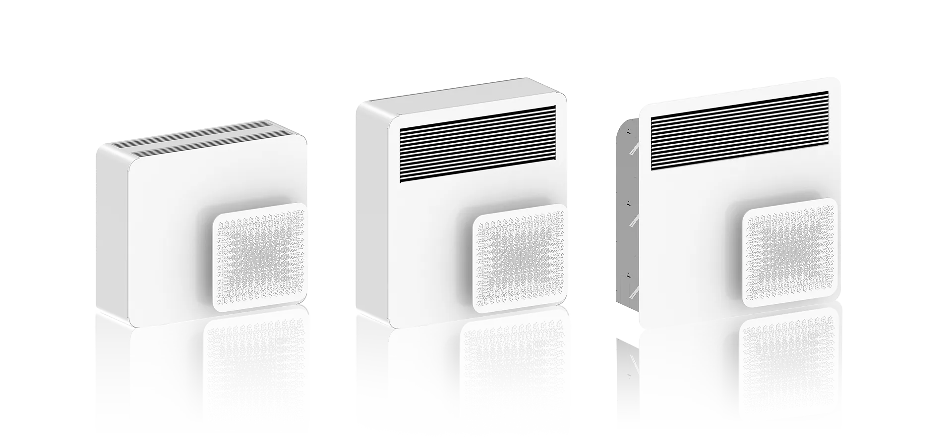 The three STØNE Architectural mounting variants side by side — floor-standing, wall-mounted and recessed