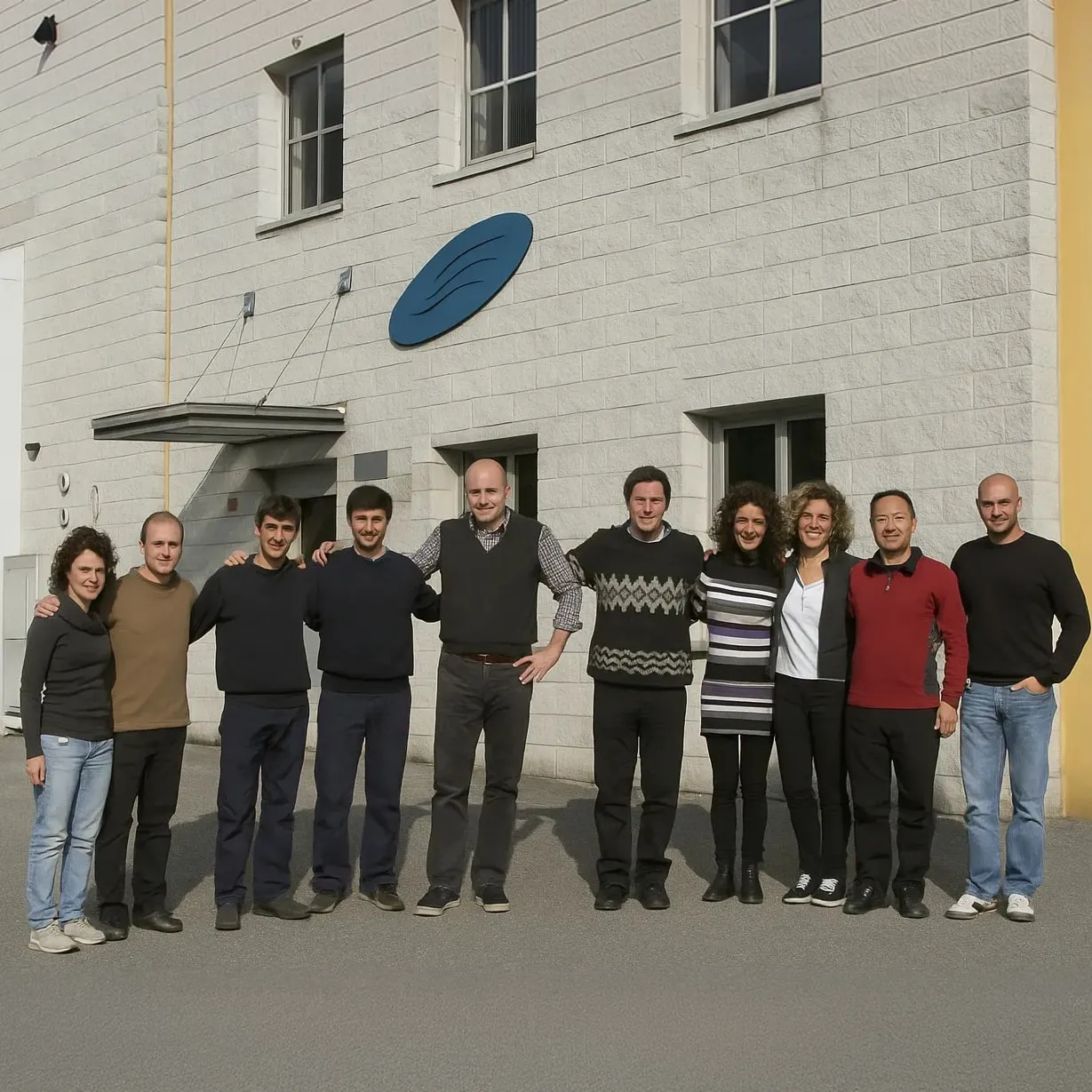 The founding team lined up outside the original factory