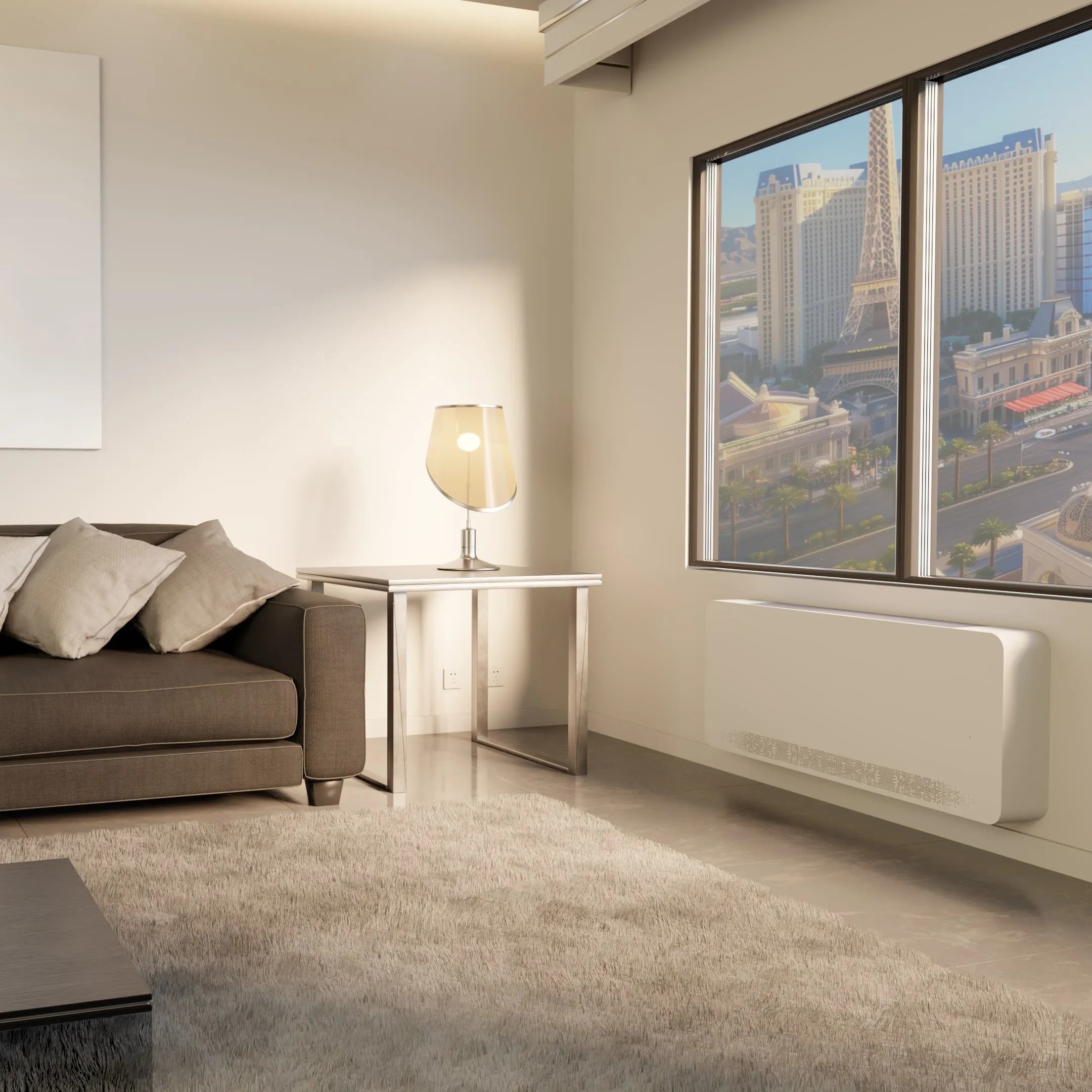 A bright interior with a unit below the window