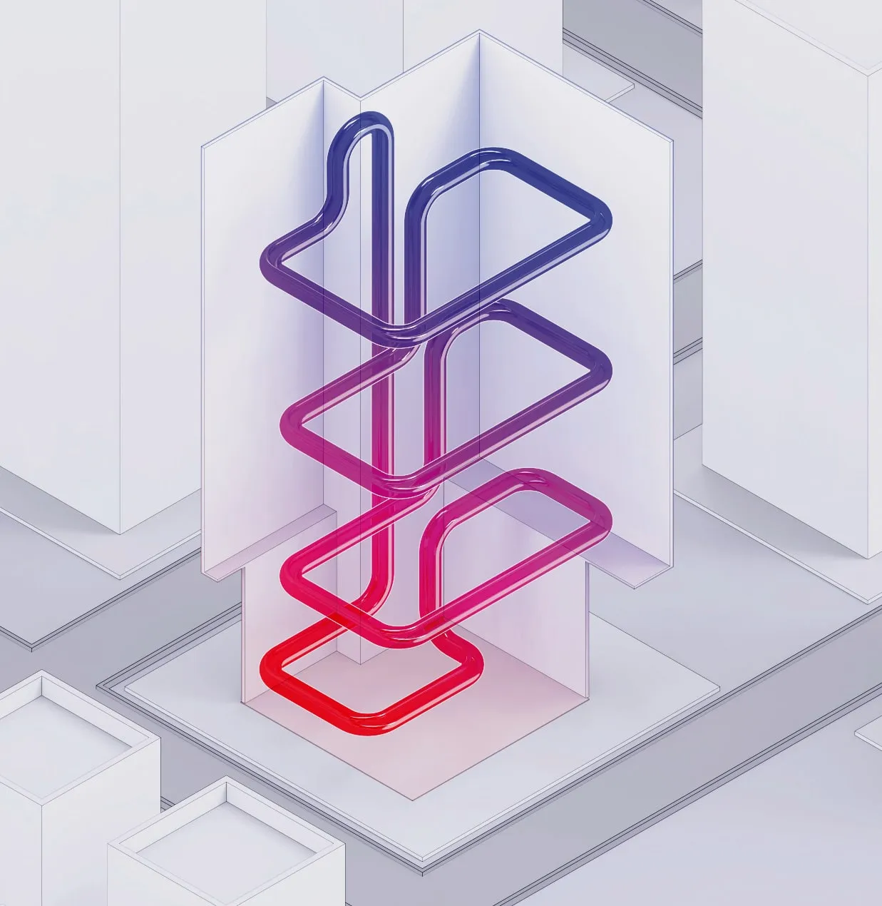 Abstract coloured pipework threaded through a building riser