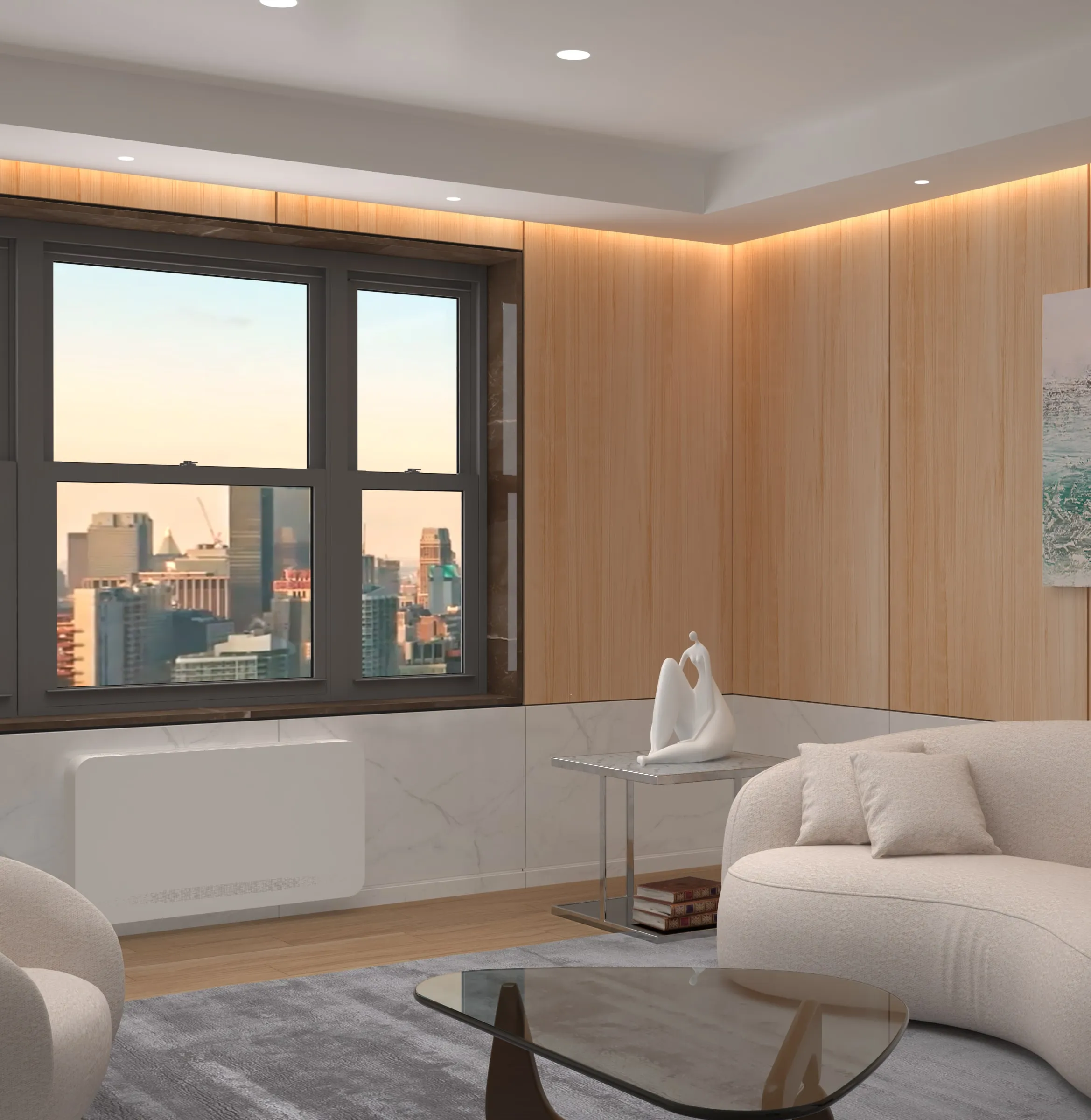 A living room with an unbroken window wall onto the skyline