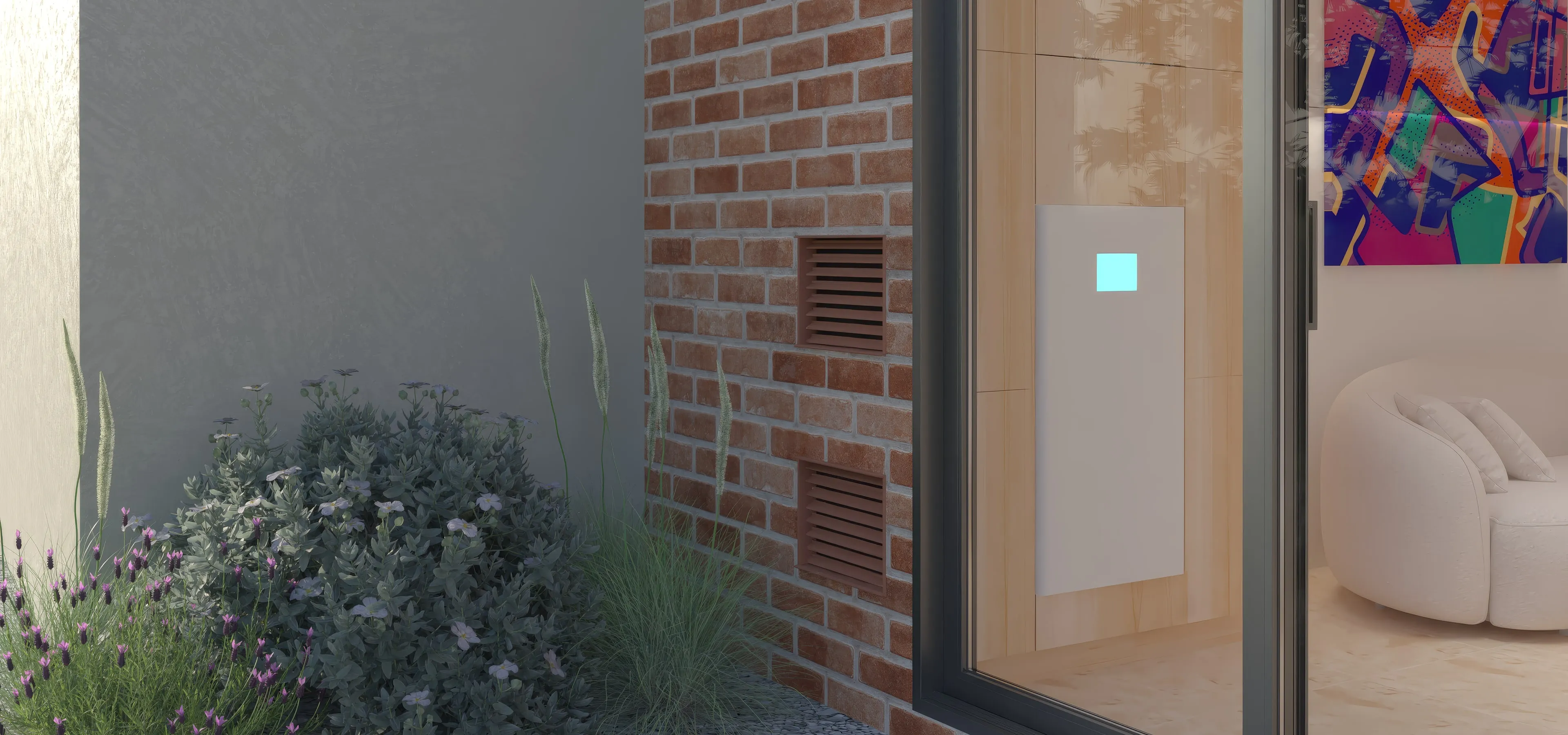 STØNE Compact unit installed indoors behind a patio window, its louvers venting through the brick wall
