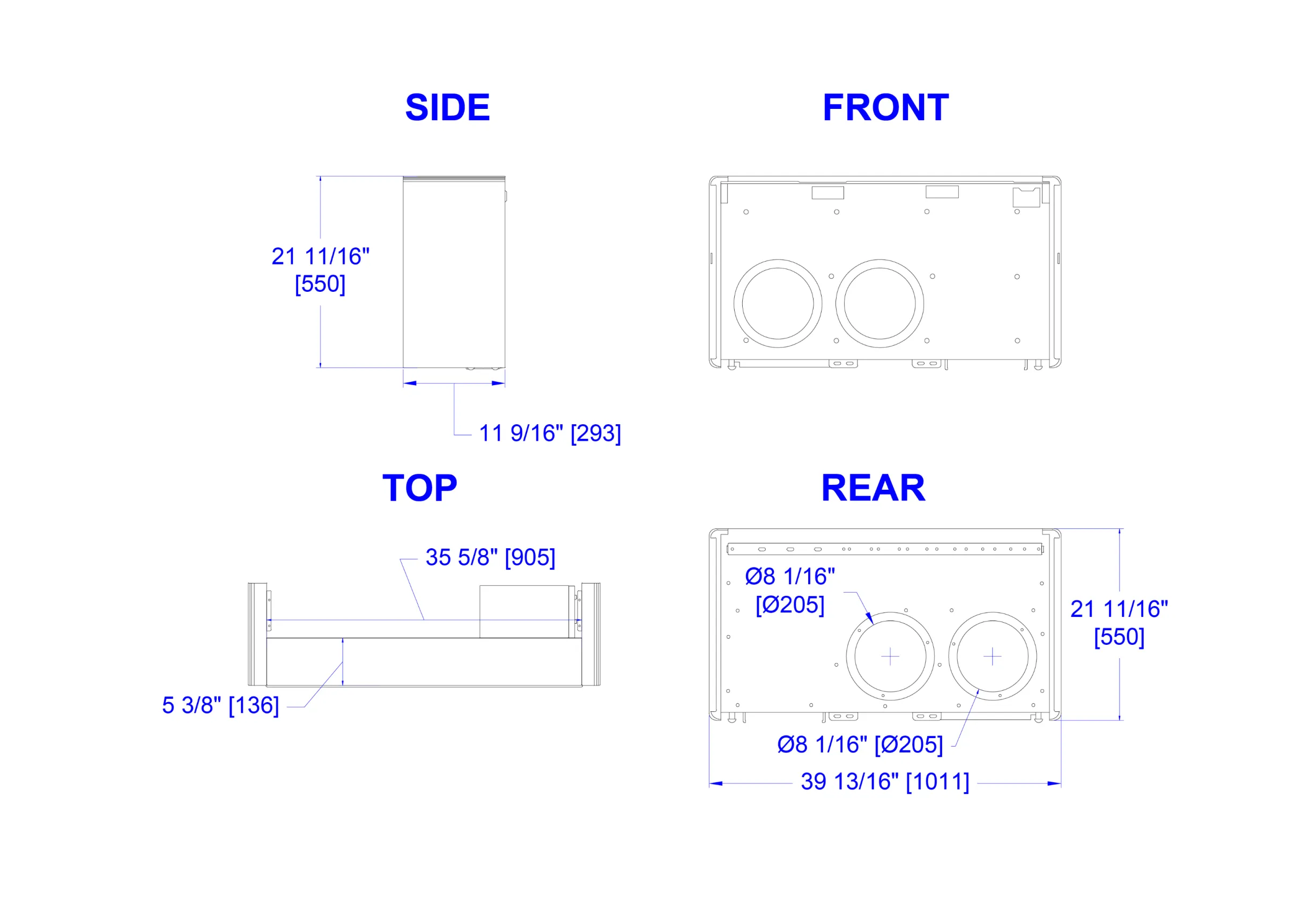 ERV module dimensions: side, front, top and rear views