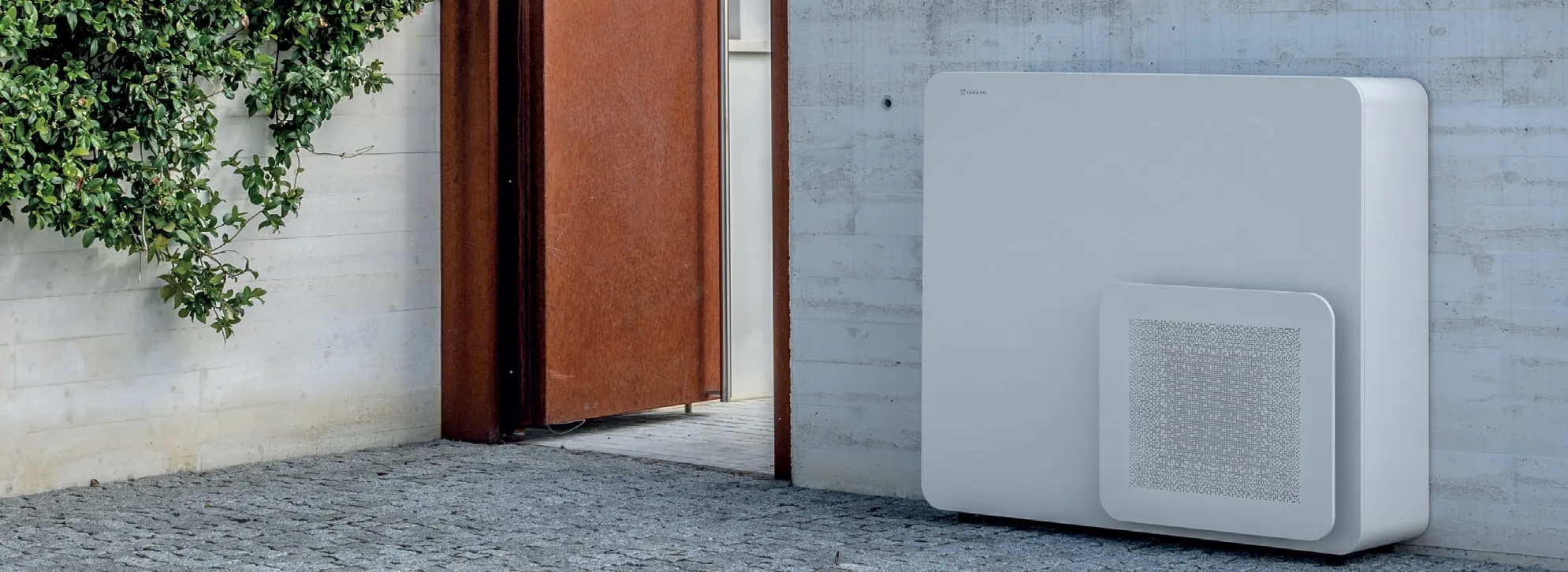 A split system installed against a building facade