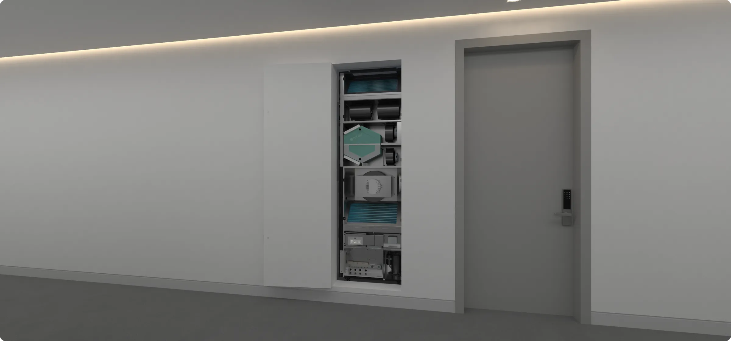 AIO Vertical Stack serviced from the corridor — no room access required