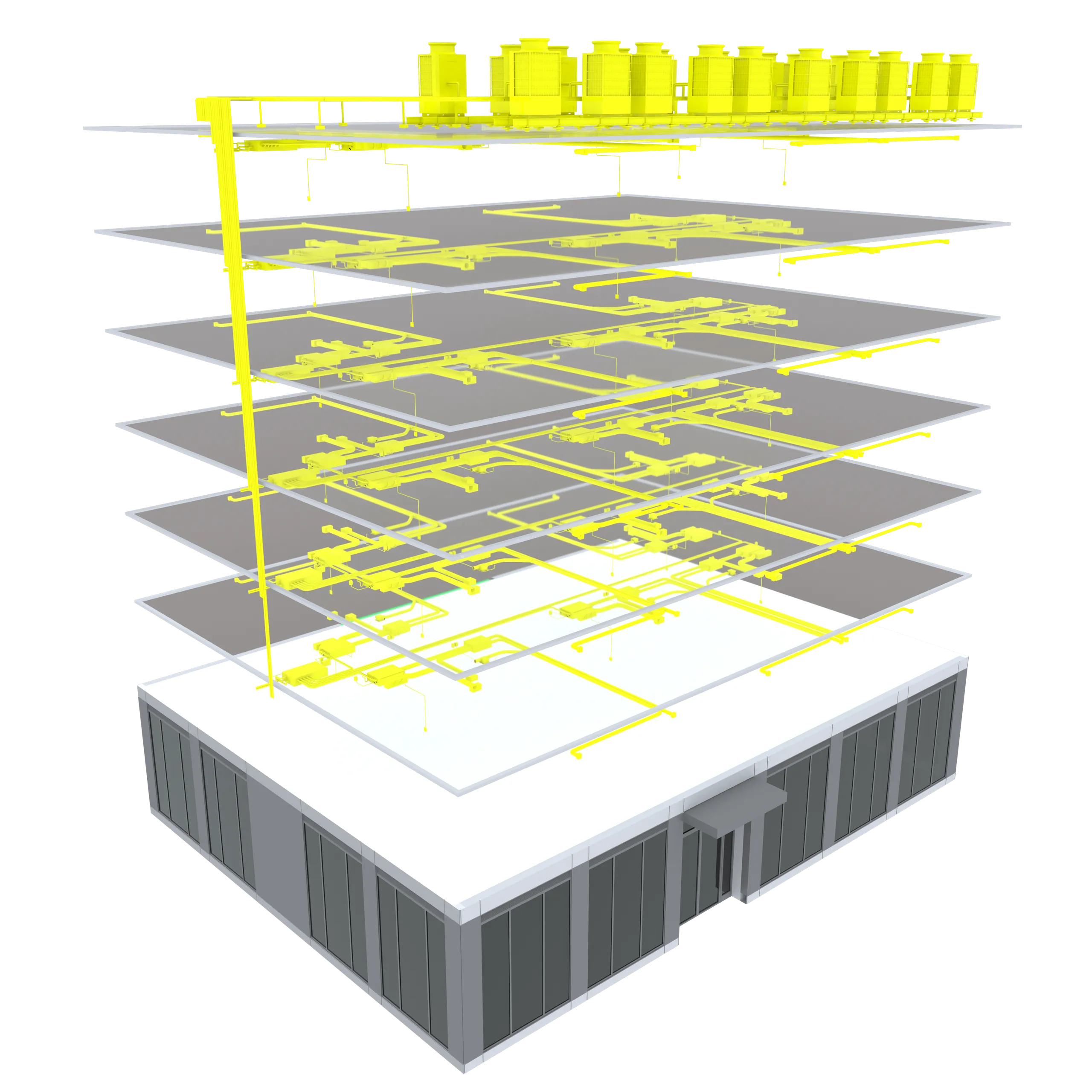 Isometric diagram of a building served by a VRF system