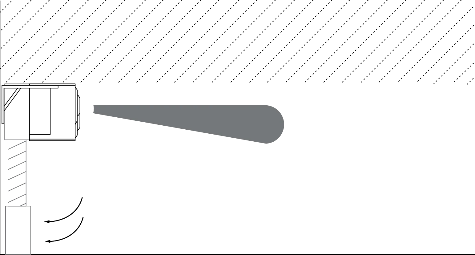 Line drawing: a wall unit throwing one fixed horizontal jet