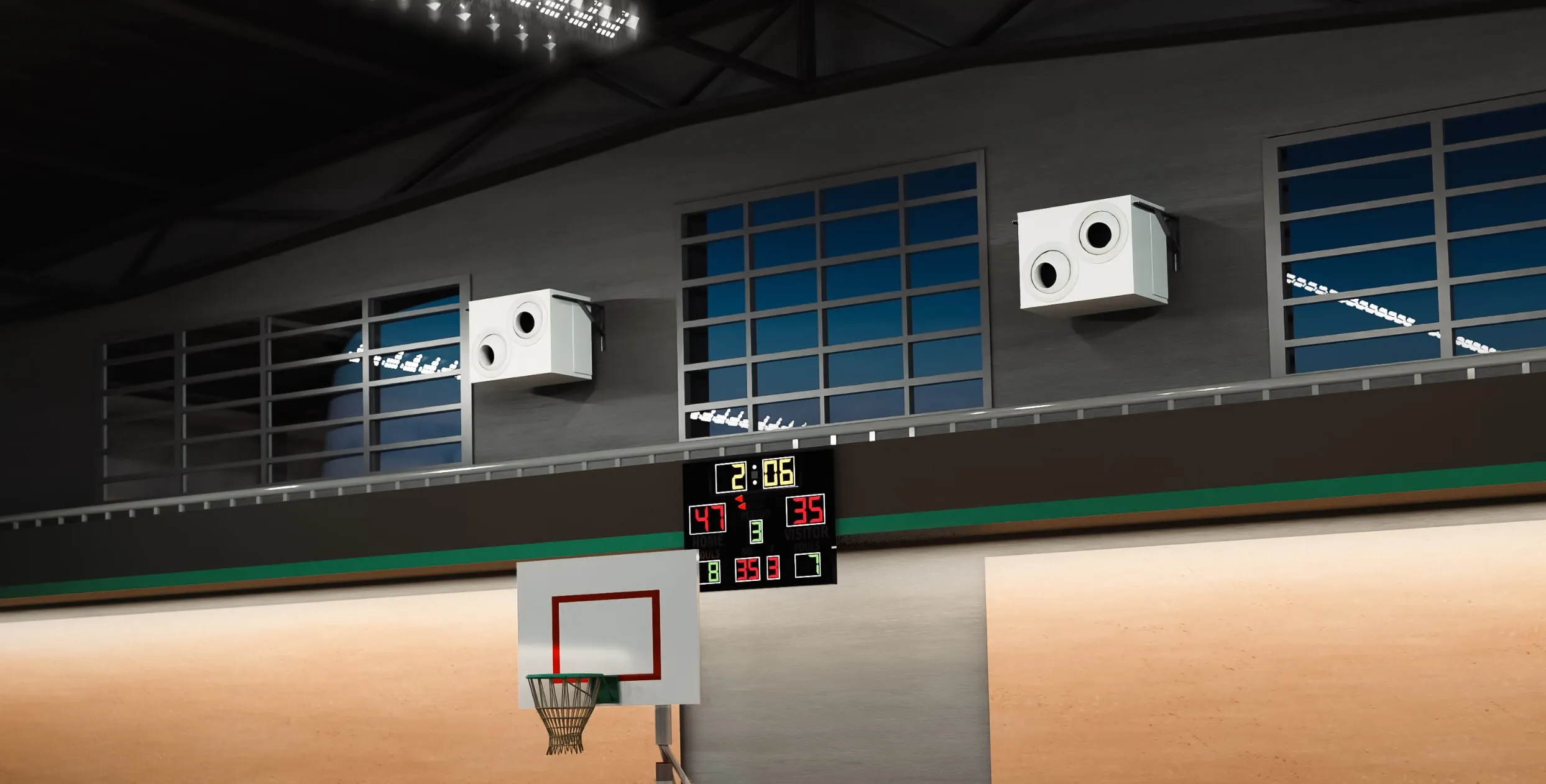 OKKI units above a gymnasium scoreboard