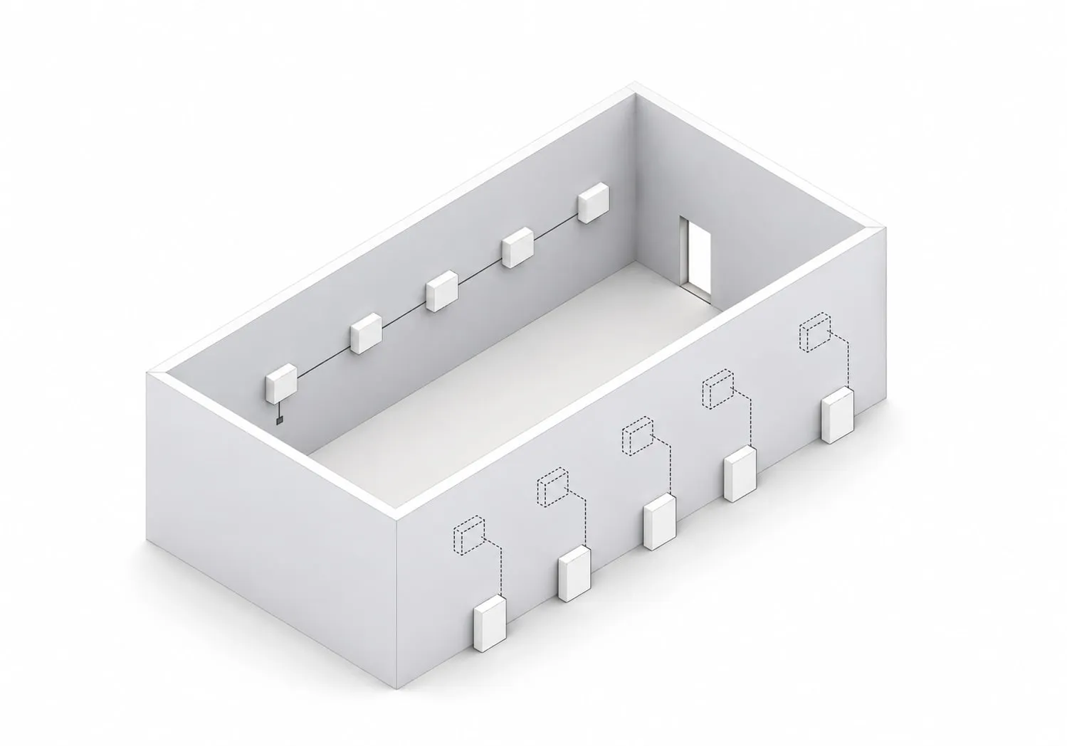 Isometric room drawing with OKKI indoor units along the walls and the outdoor unit marked